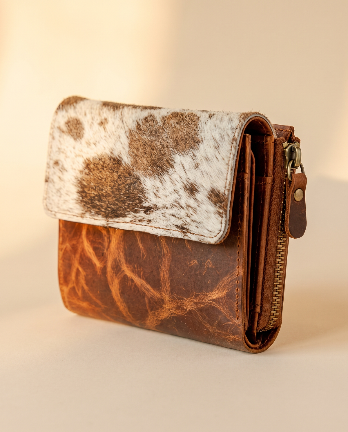 Mini leather wallet with cowhide flap, angled view, by Ya Qalbi