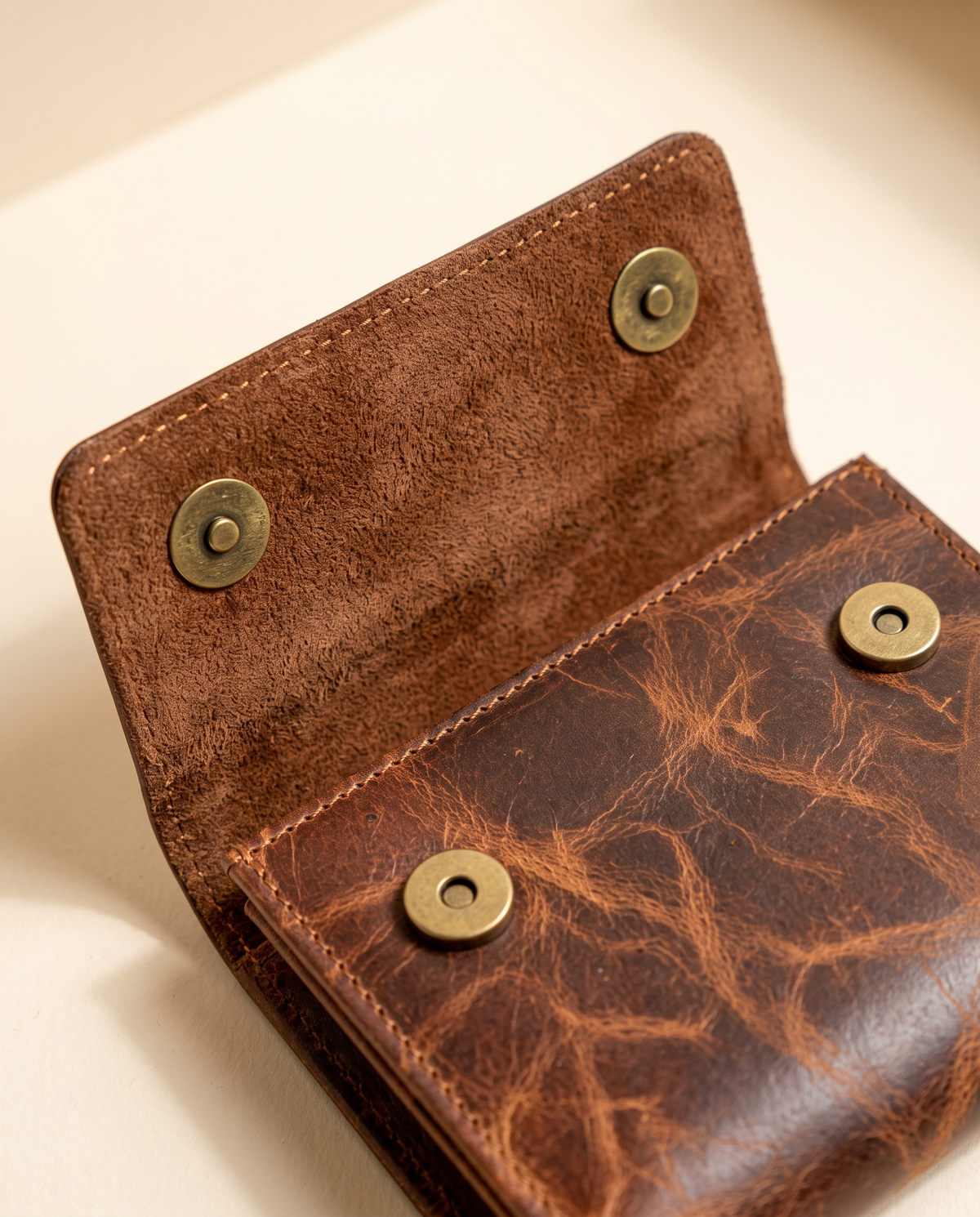 Mini leather wallet with cowhide flap, detail close-up, by Ya Qalbi