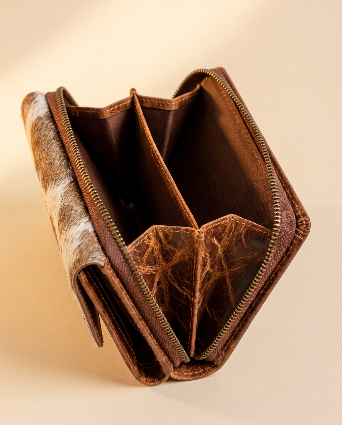 Mini leather wallet with cowhide flap, open interior view, by Ya Qalbi