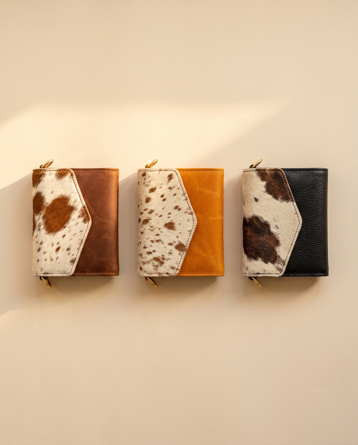 Mini leather wallet with cowhide flap, group shot of colourways, by Ya Qalbi