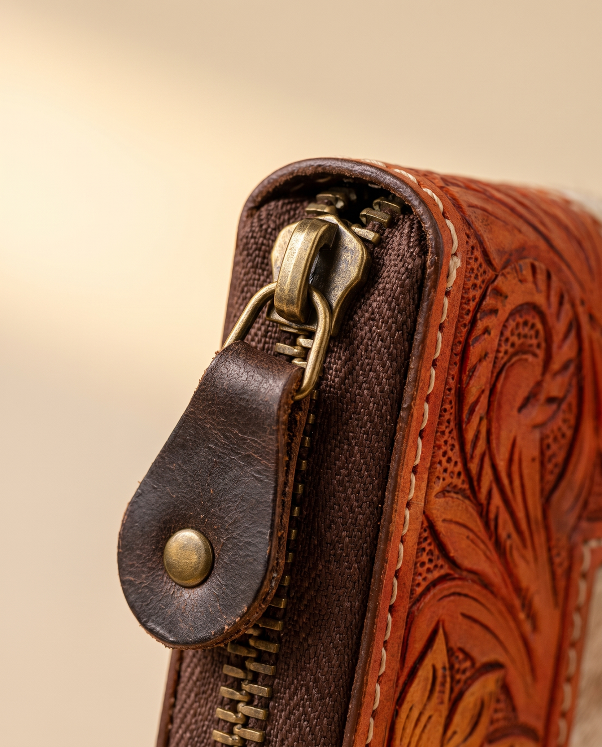 Sunflower painted hand-tooled zip wallet with cowhide, detail close-up, by Ya Qalbi
