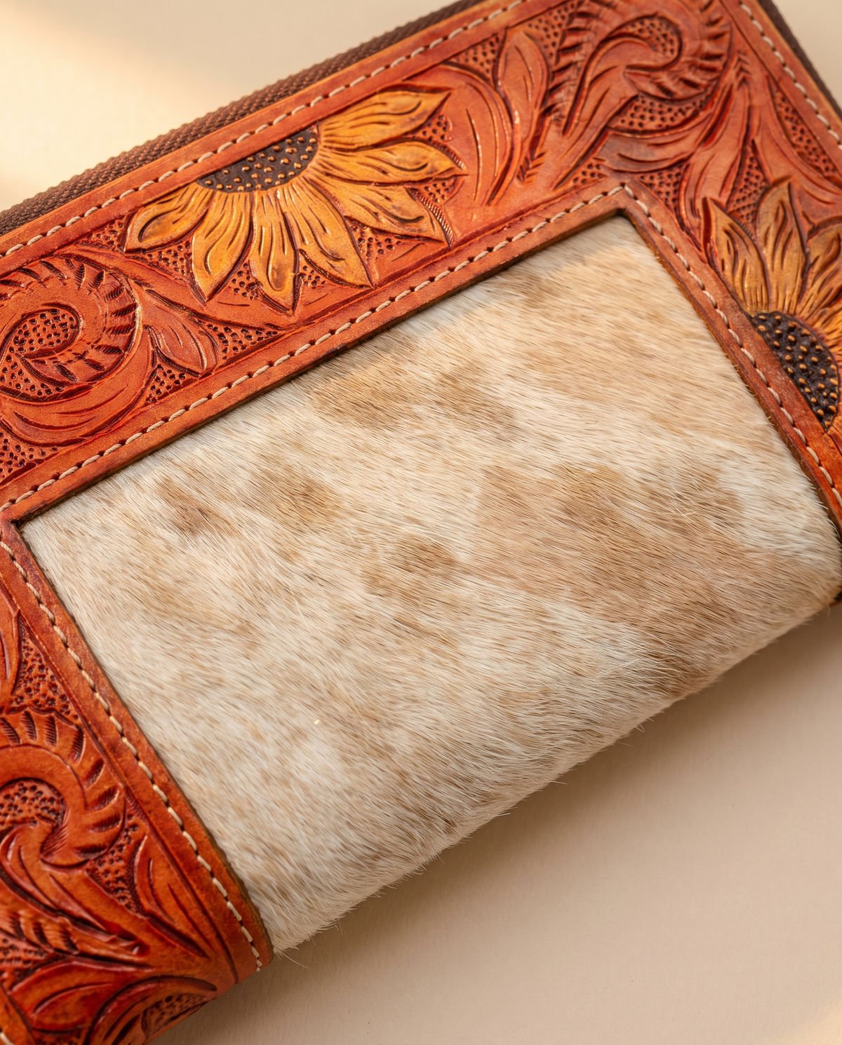 Sunflower painted hand-tooled zip wallet with cowhide, detail close-up, by Ya Qalbi