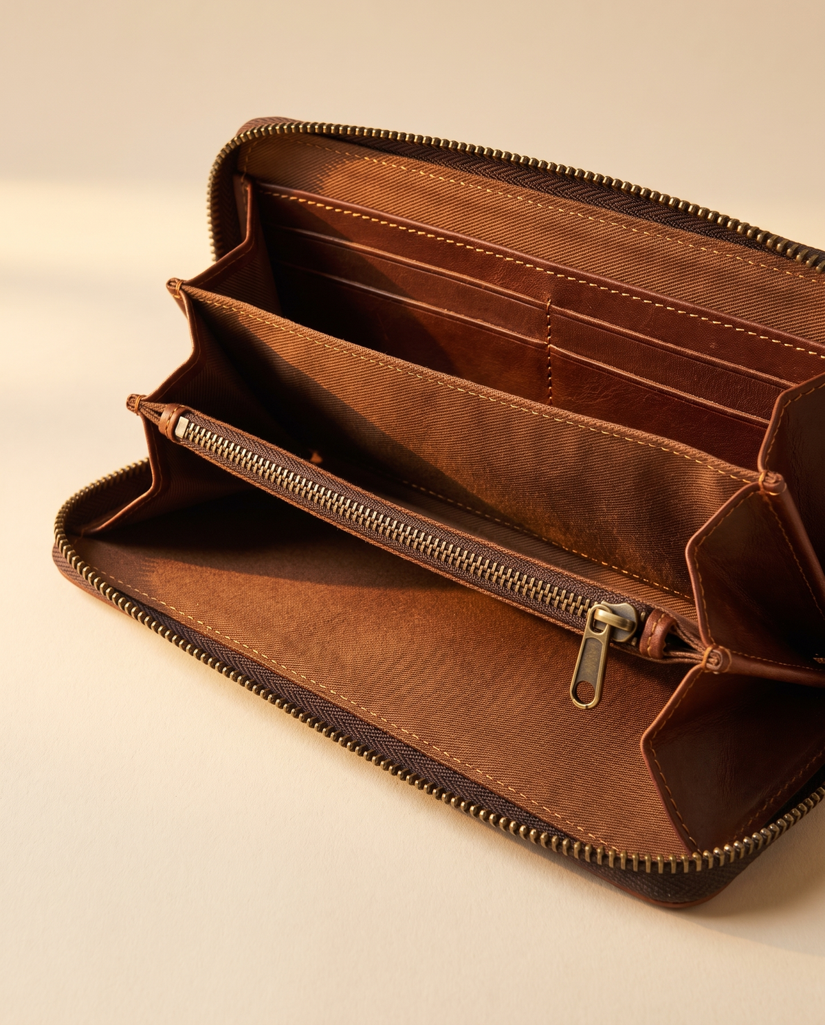 Sunflower painted hand-tooled zip wallet with cowhide, open interior view, by Ya Qalbi