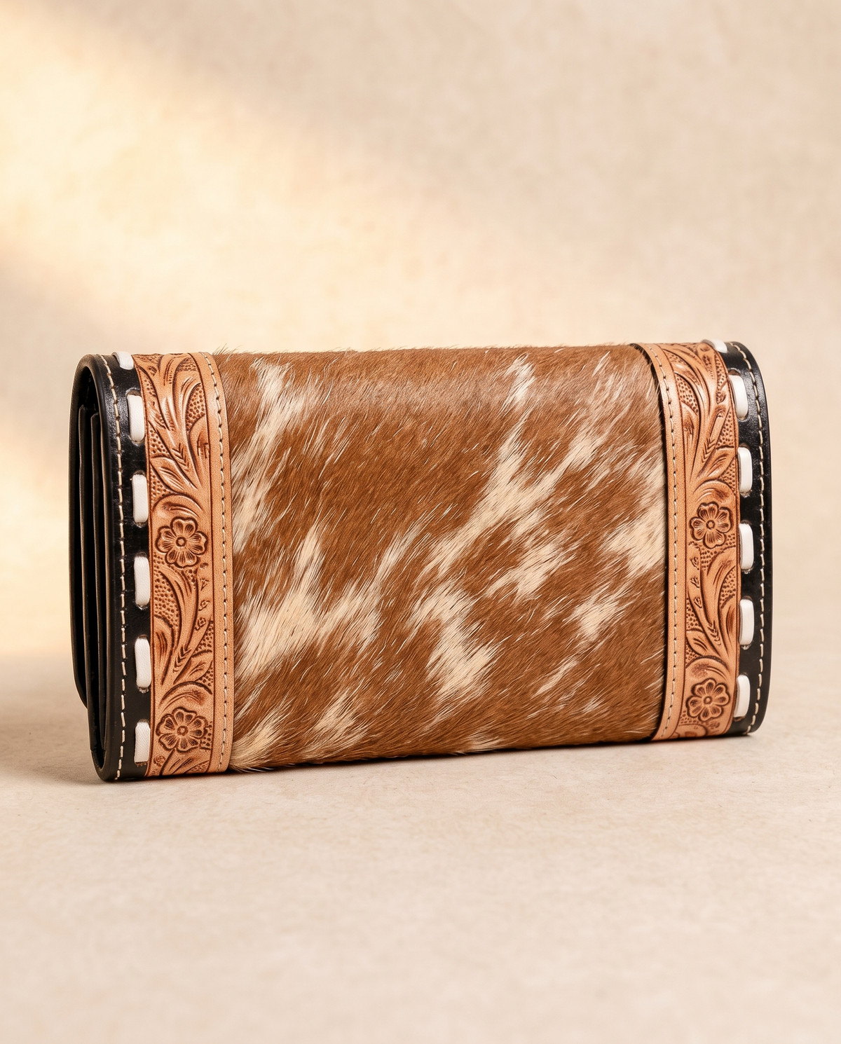 Cowhide envelope wallet with tooled whipstitch trim, detail close-up, by Ya Qalbi