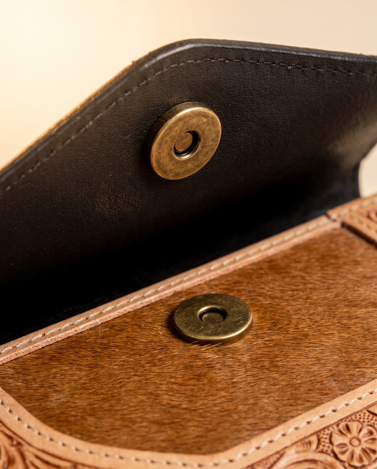 Cowhide envelope wallet with tooled whipstitch trim, detail close-up, by Ya Qalbi