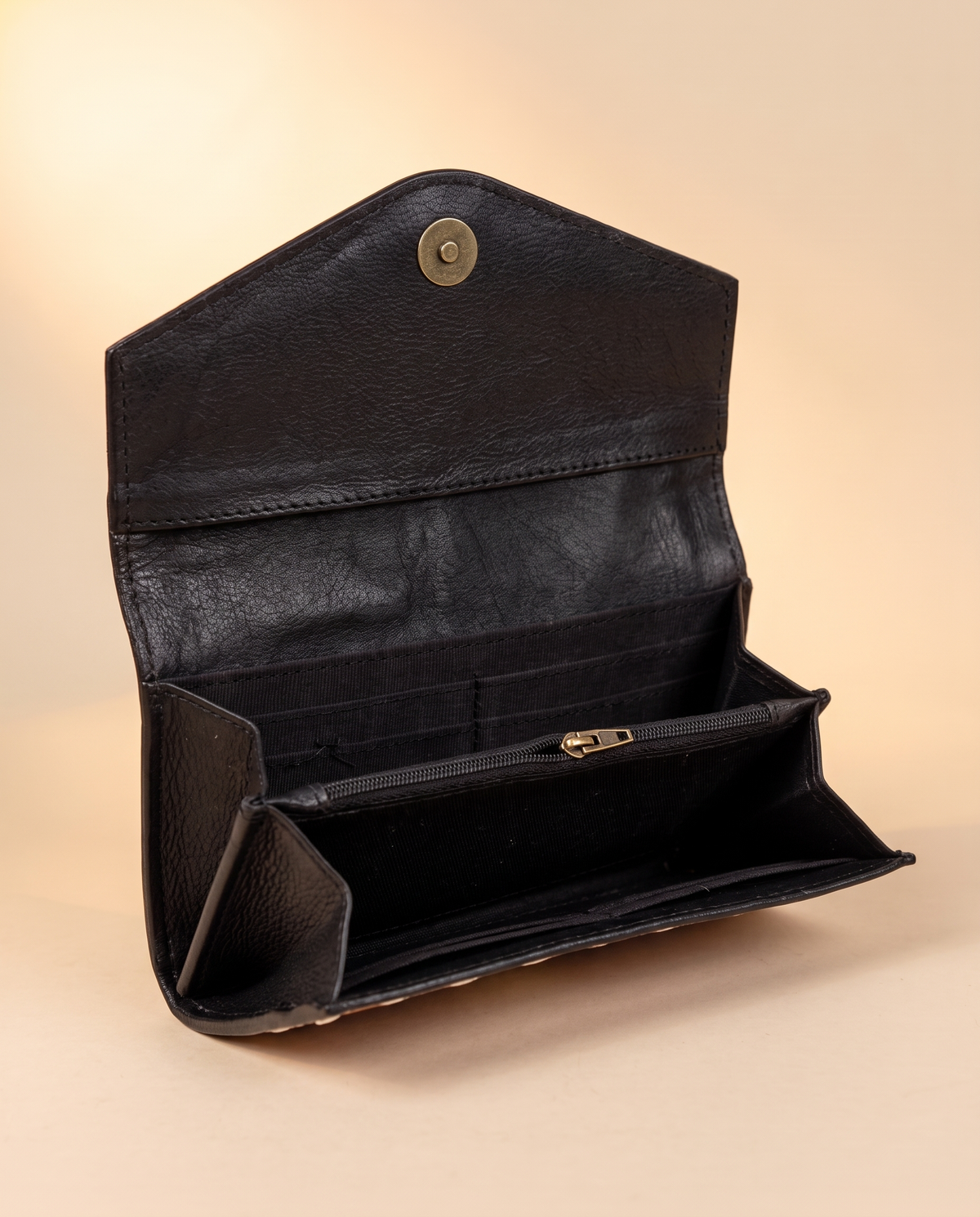 Cowhide envelope wallet with tooled whipstitch trim, open interior view, by Ya Qalbi
