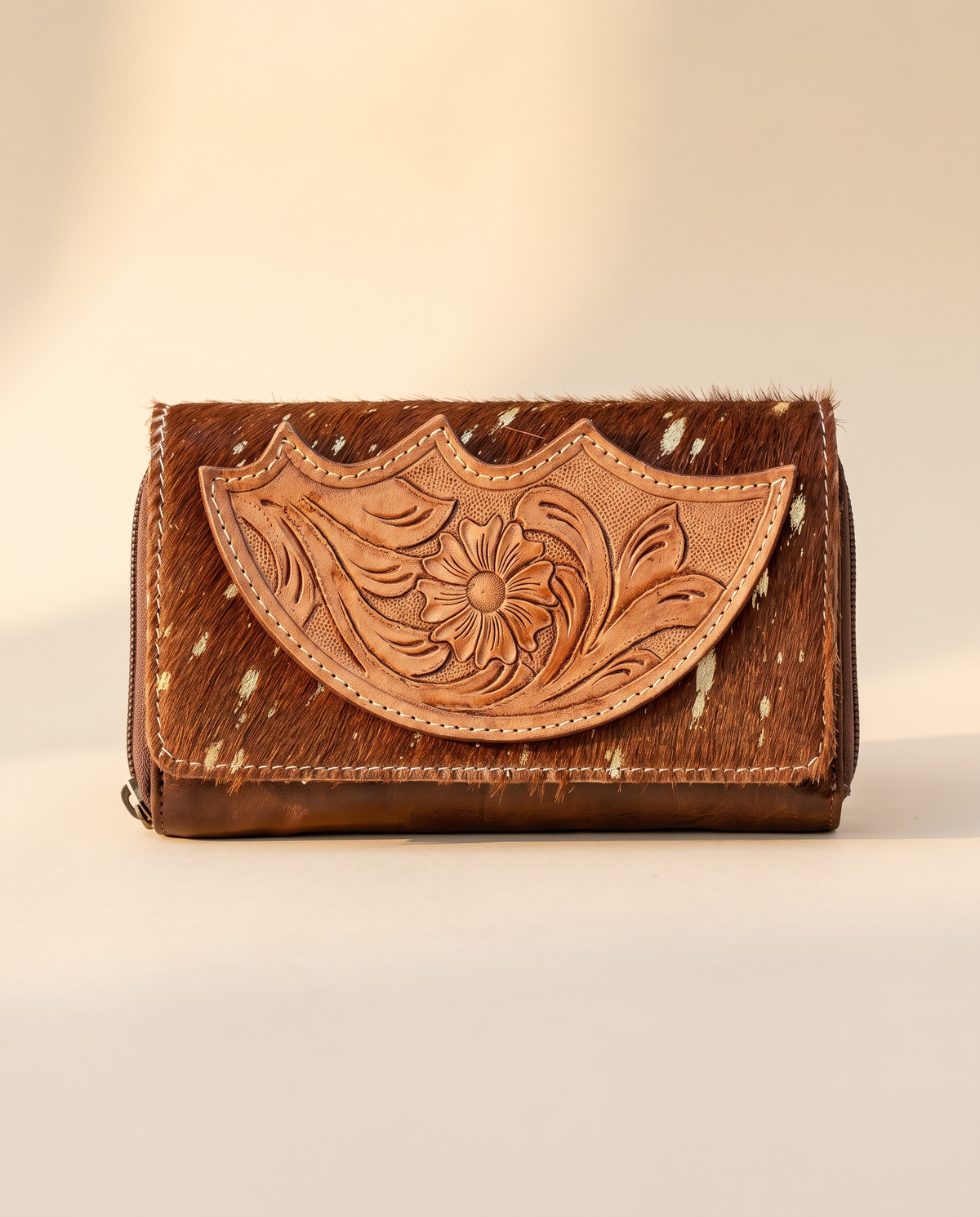 Cowhide wallet with scalloped hand-tooled flap, front view, by Ya Qalbi