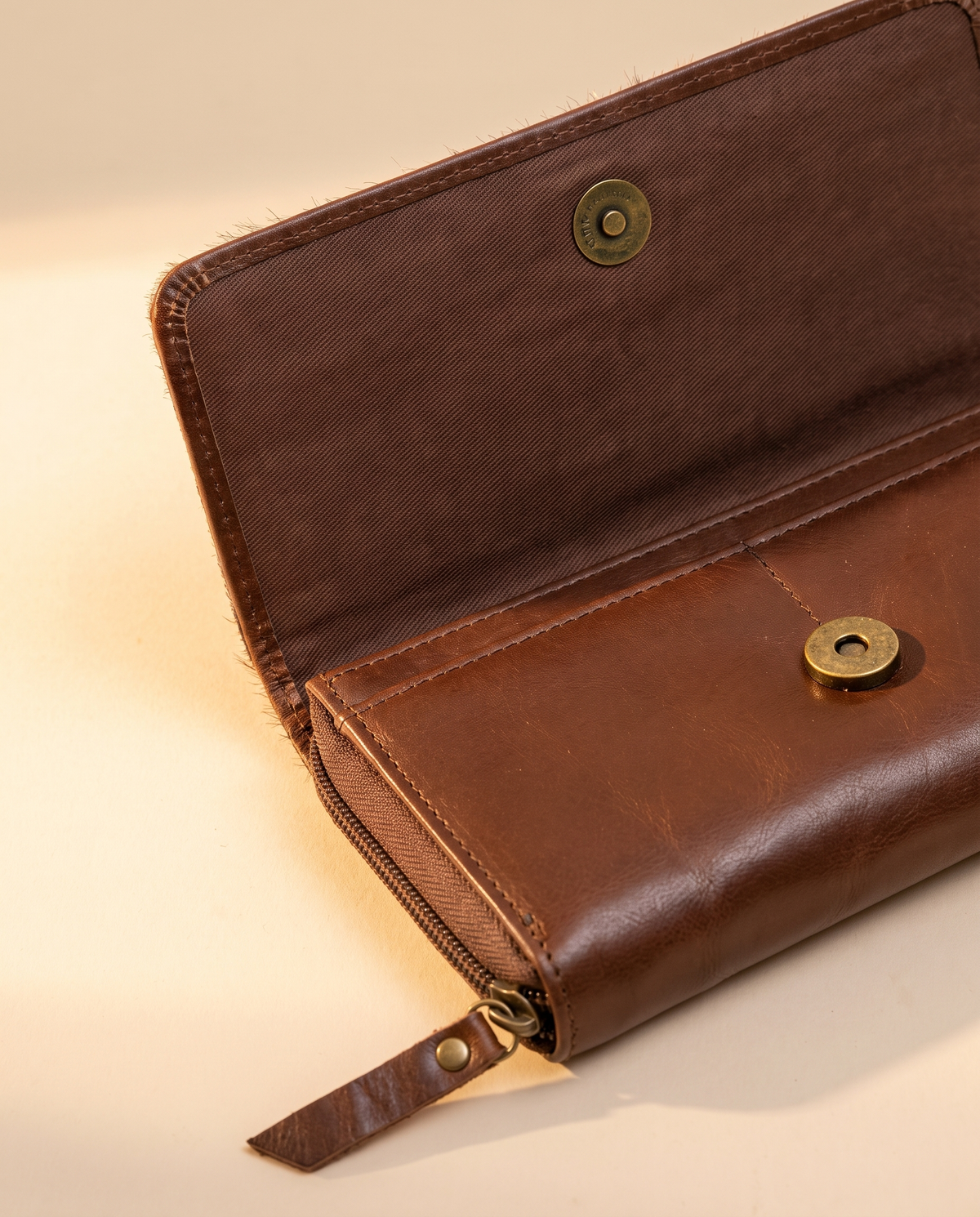 Cowhide wallet with scalloped hand-tooled flap, open interior view, by Ya Qalbi