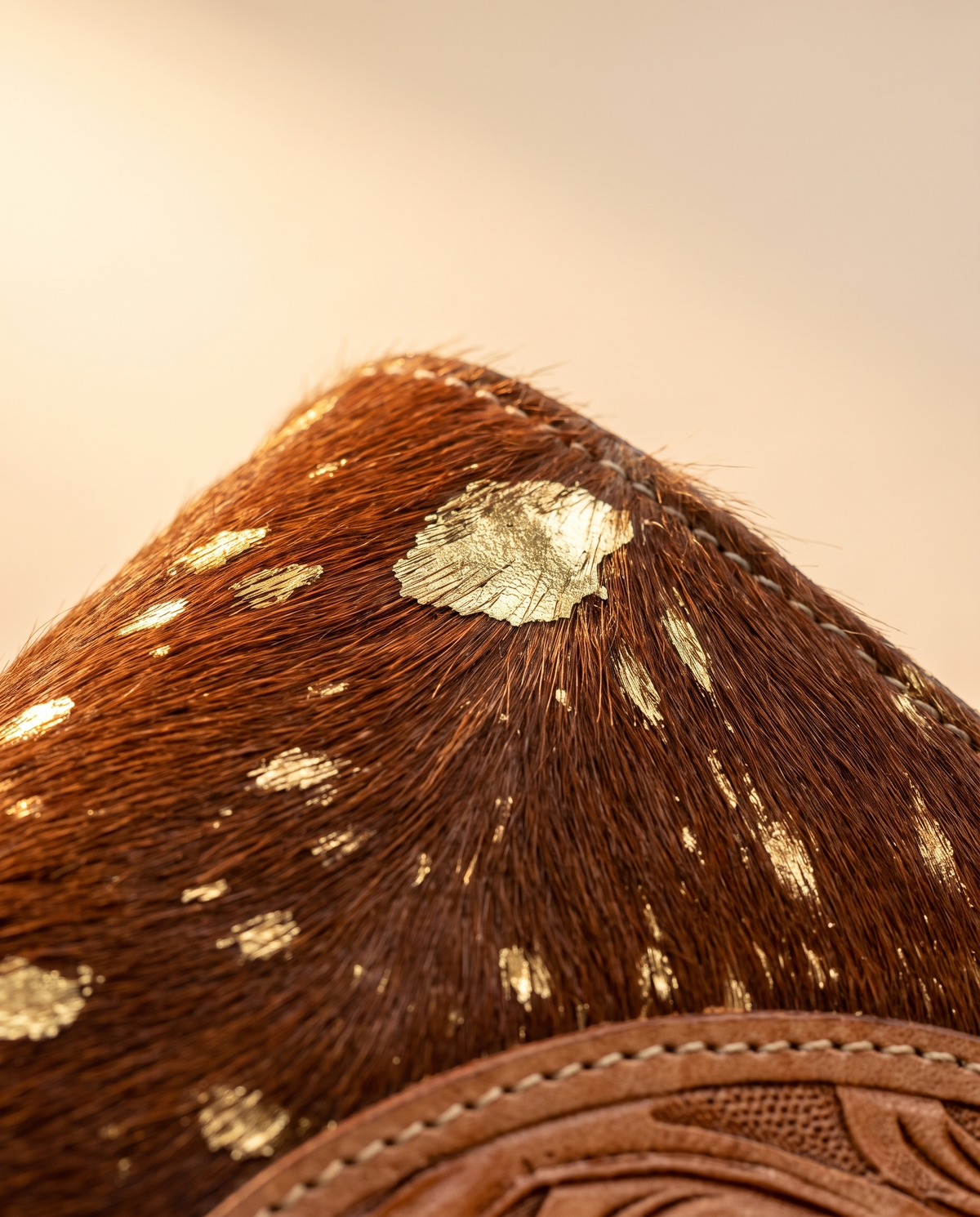 Cowhide wallet with scalloped hand-tooled flap, detail close-up, by Ya Qalbi