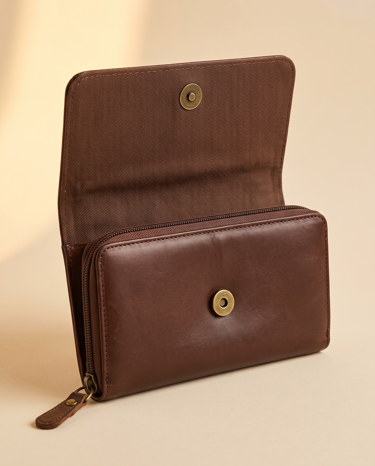 Cowhide wallet with scalloped hand-tooled flap, open interior view, by Ya Qalbi