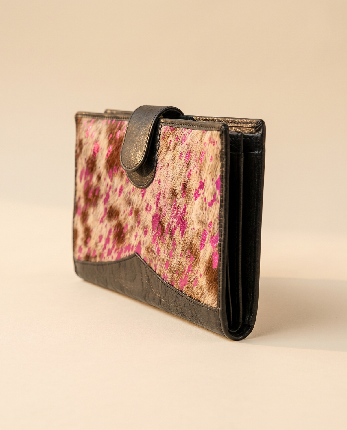 Metallic pink speckle cowhide wallet, front view, by Ya Qalbi