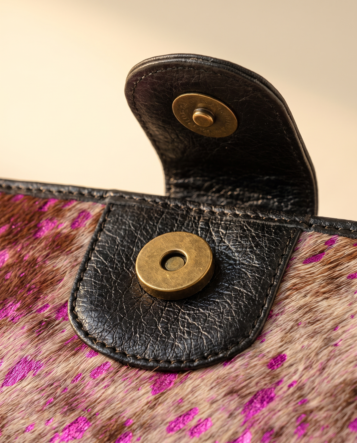 Metallic pink speckle cowhide wallet, detail close-up, by Ya Qalbi
