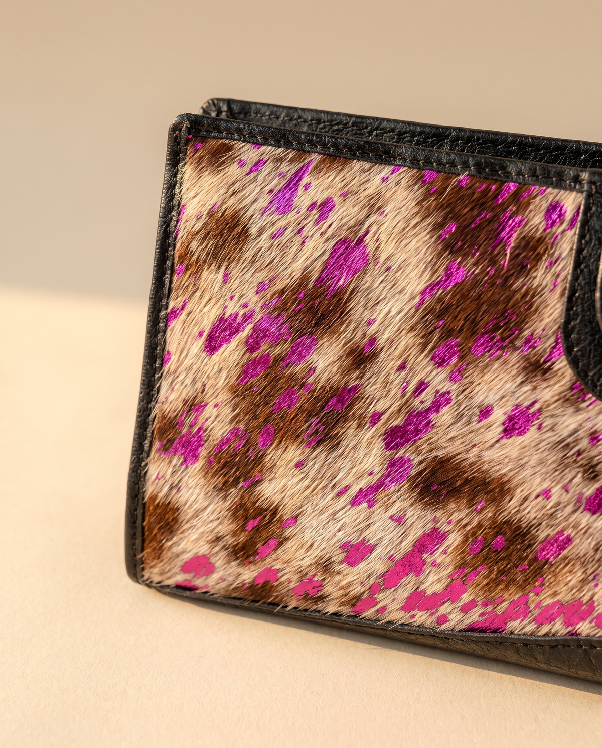 Metallic pink speckle cowhide wallet, detail close-up, by Ya Qalbi
