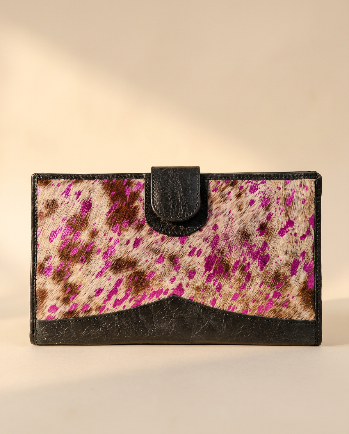 Metallic pink speckle cowhide wallet, angled view, by Ya Qalbi