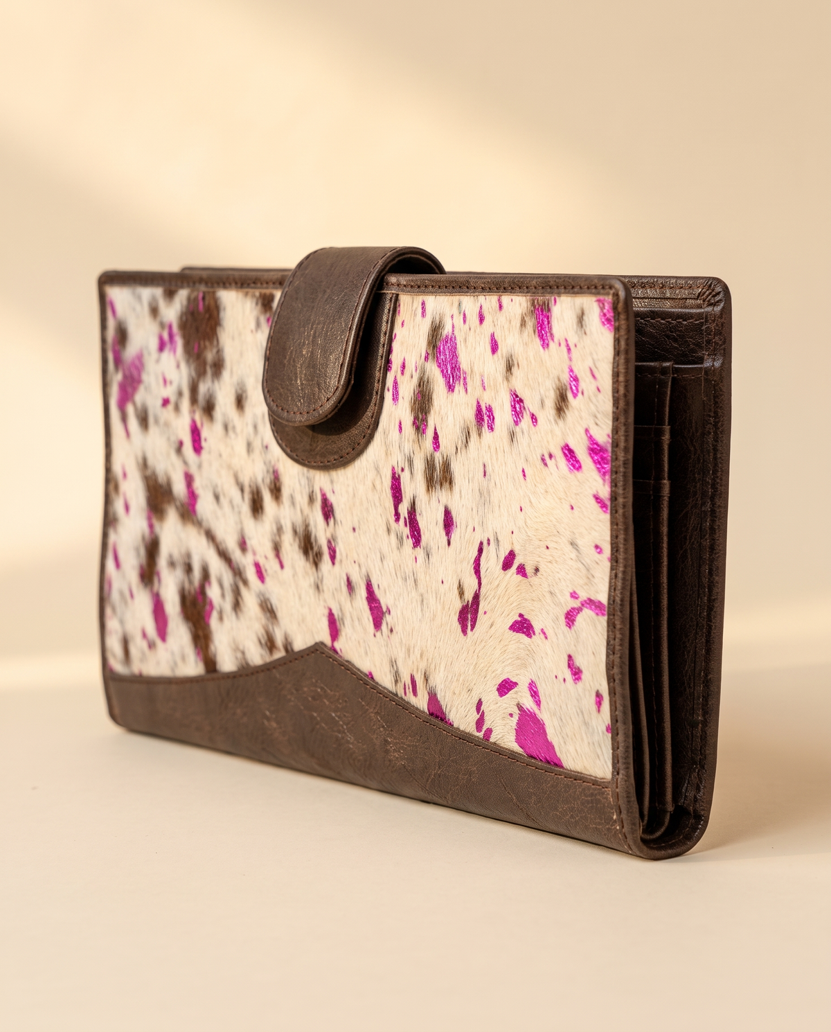 Metallic pink speckle cowhide wallet, detail close-up, by Ya Qalbi