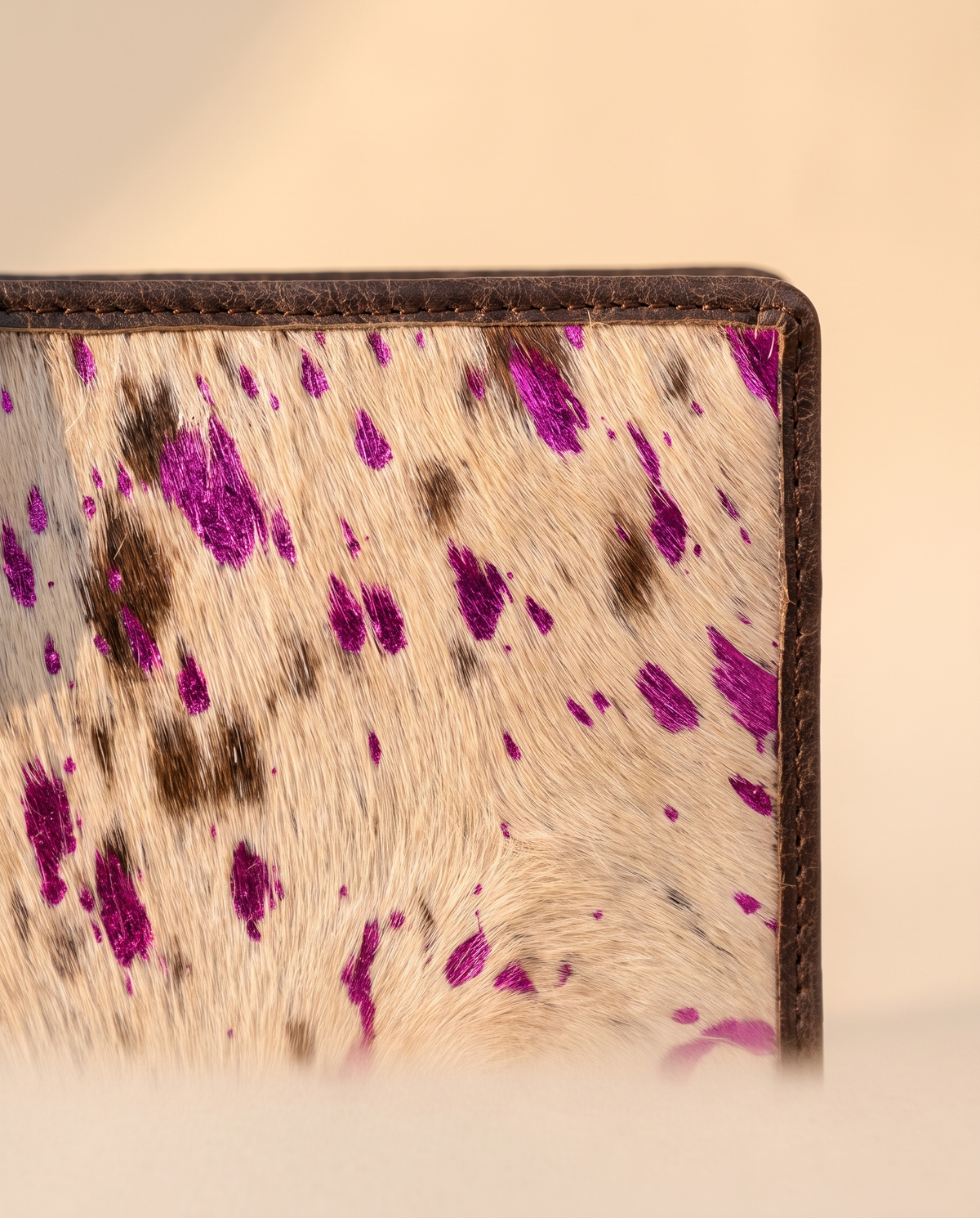 Metallic pink speckle cowhide wallet, detail close-up, by Ya Qalbi