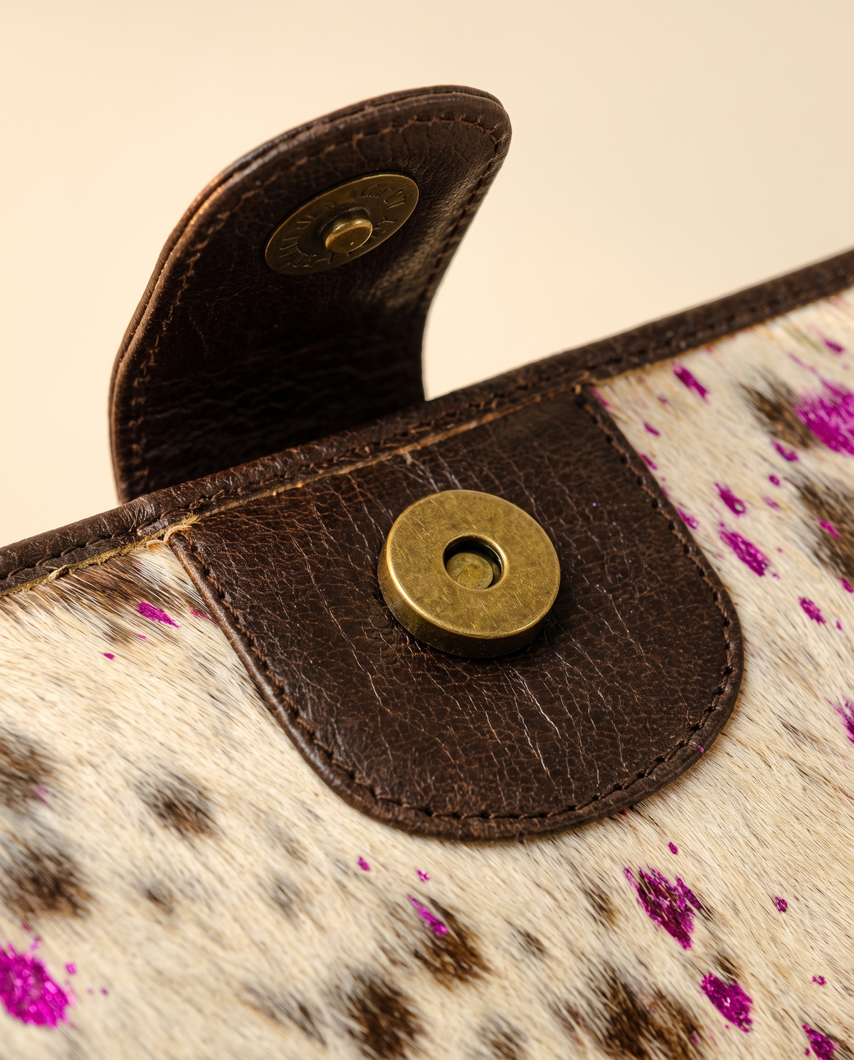 Metallic pink speckle cowhide wallet, detail close-up, by Ya Qalbi