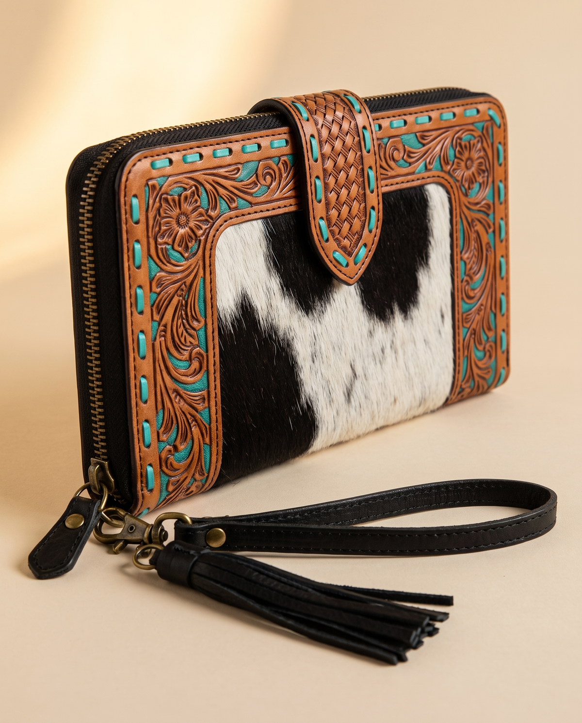 Black zip wallet with cowhide and turquoise tooled trim, front view, by Ya Qalbi