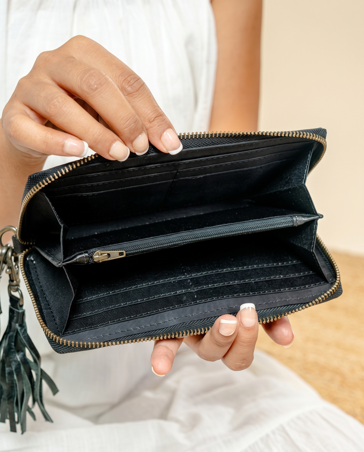 Black zip wallet with cowhide and turquoise tooled trim, open interior view, by Ya Qalbi