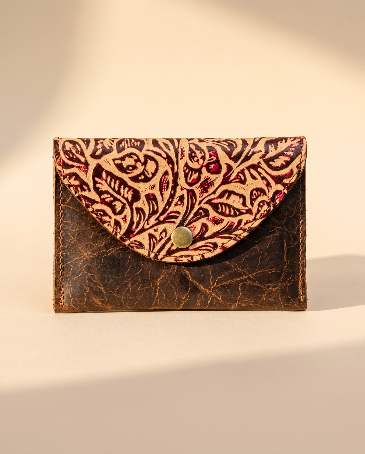 Crinkle brown leather wallet with tooled flap, front view, by Ya Qalbi