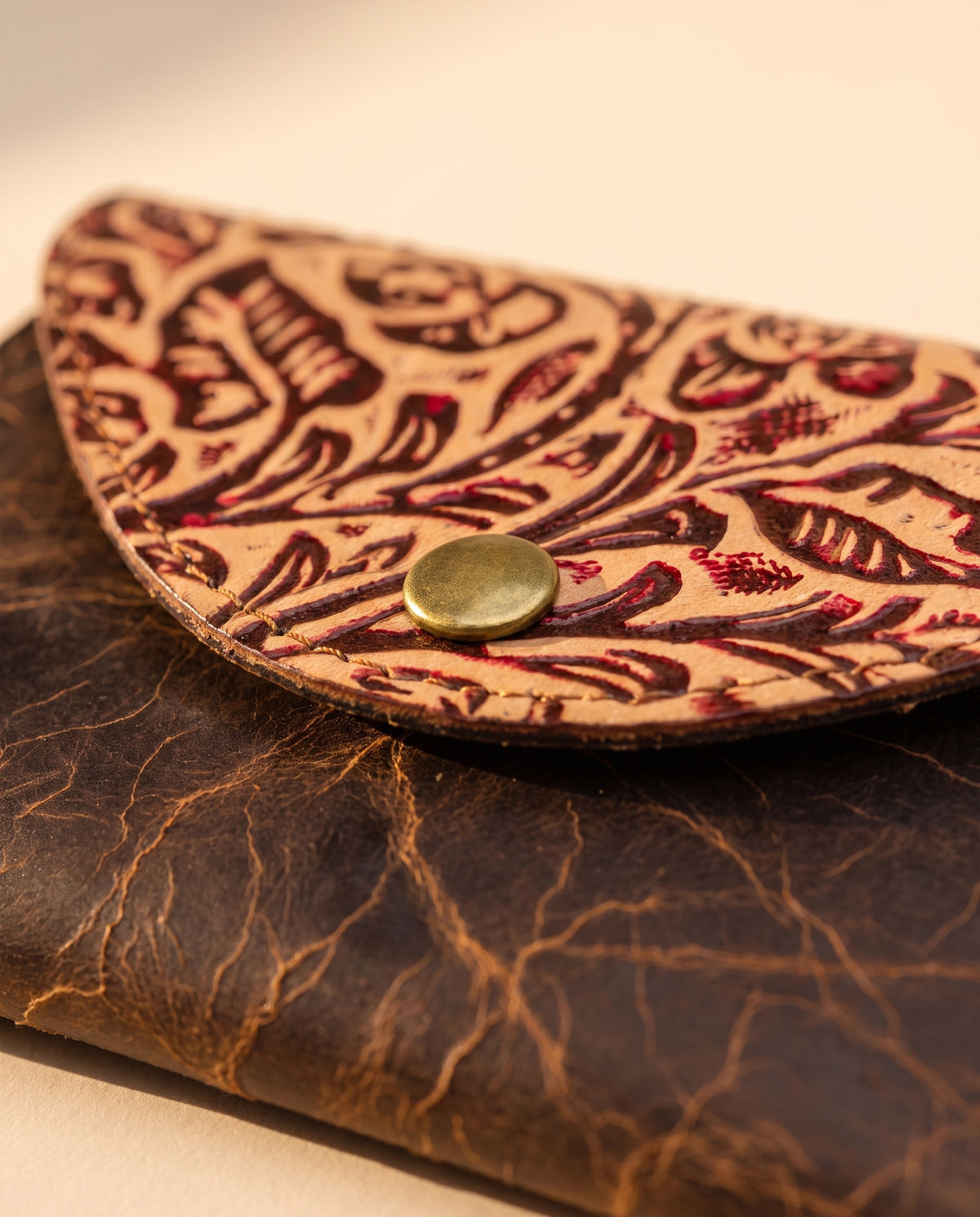 Crinkle brown leather wallet with tooled flap, detail close-up, by Ya Qalbi