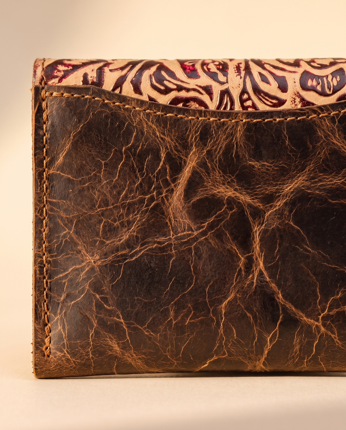 Crinkle brown leather wallet with tooled flap, back view, by Ya Qalbi