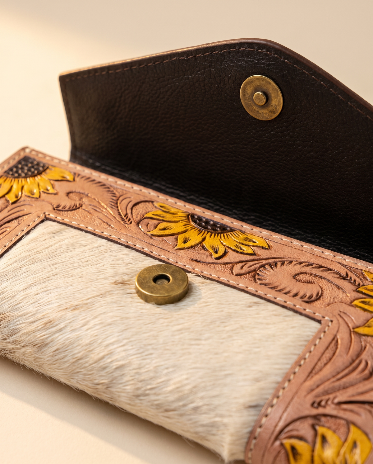 Cowhide envelope wallet with sunflower tooled frame, detail close-up, by Ya Qalbi