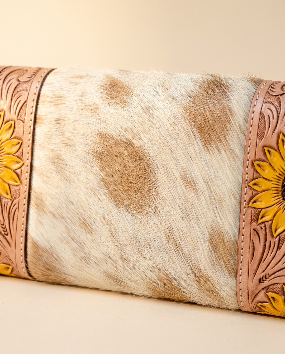 Cowhide envelope wallet with sunflower tooled frame, detail close-up, by Ya Qalbi