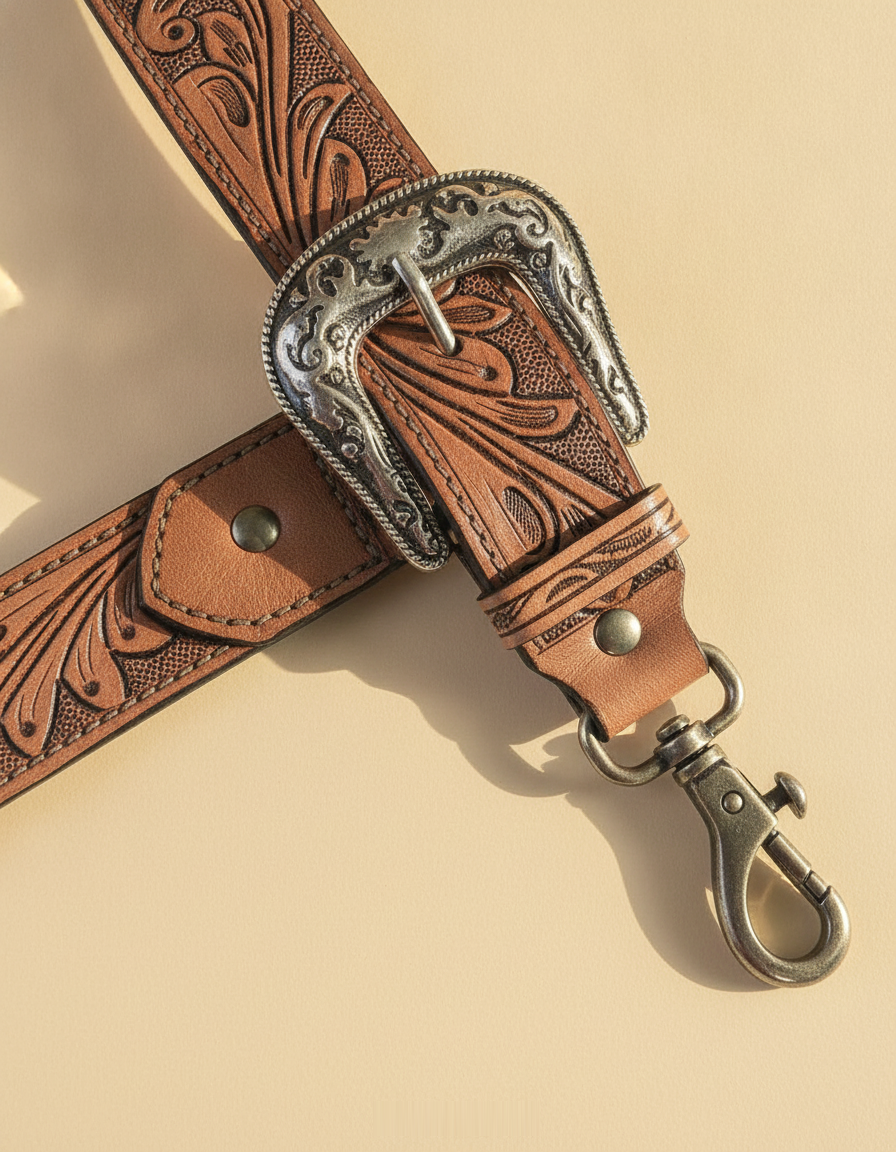 Teal woven checker hand-tooled leather tote, western buckle and swivel clip close-up, by Ya Qalbi