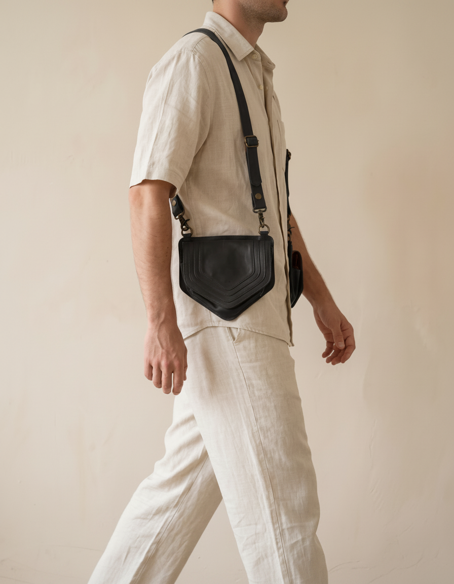 Black leather harness bag pouch, worn crossbody by a model, by Ya Qalbi