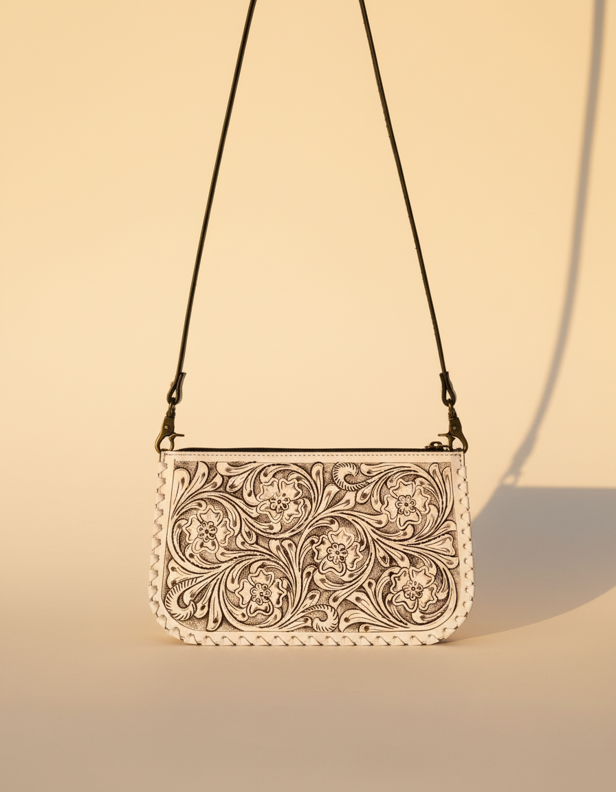 Cream tooled leather zip crossbody pouch