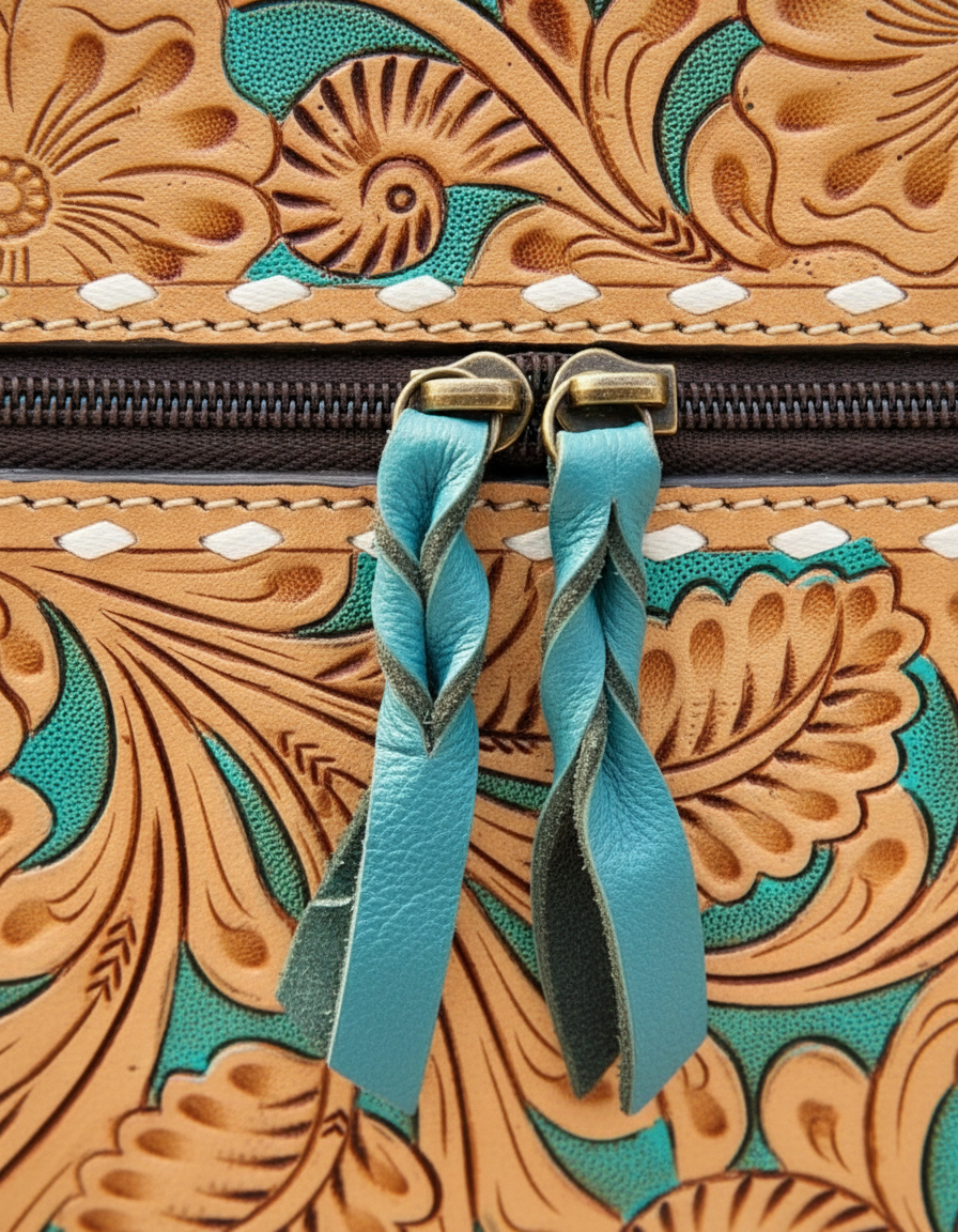 Turquoise hand-tooled leather vanity case with cowhide sides, detail close-up, by Ya Qalbi