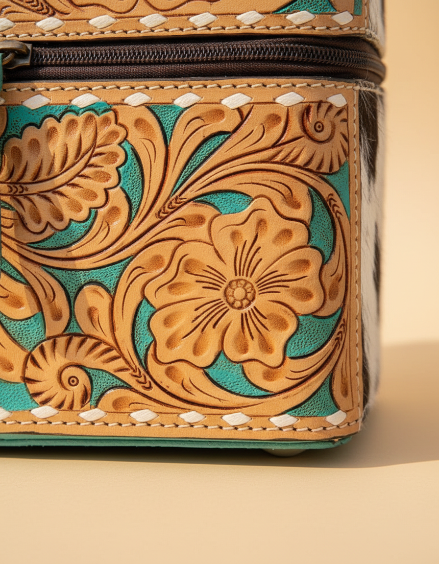 Turquoise hand-tooled leather vanity case with cowhide sides, detail close-up, by Ya Qalbi