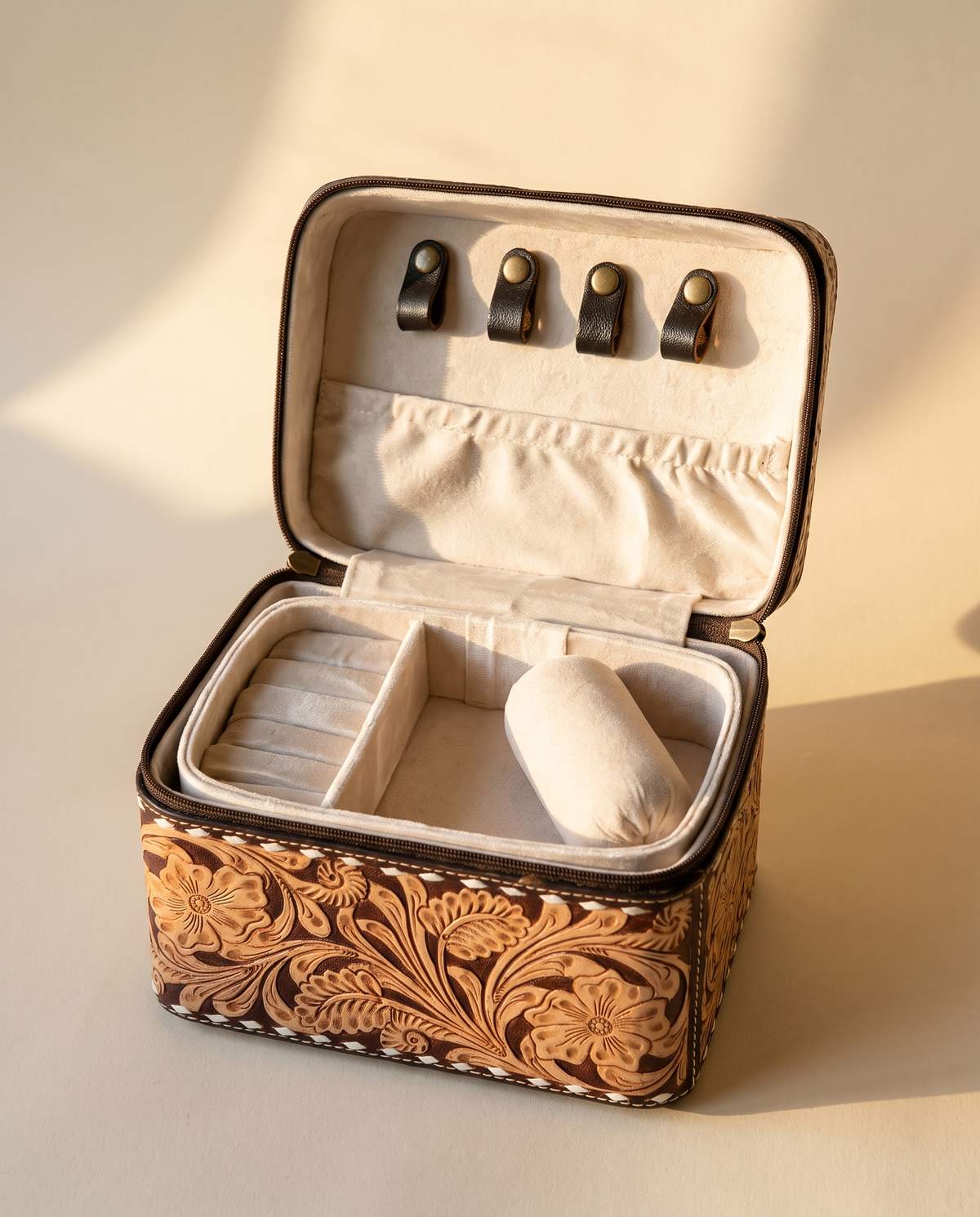Brown hand-tooled leather vanity case with cowhide sides, open interior view, by Ya Qalbi