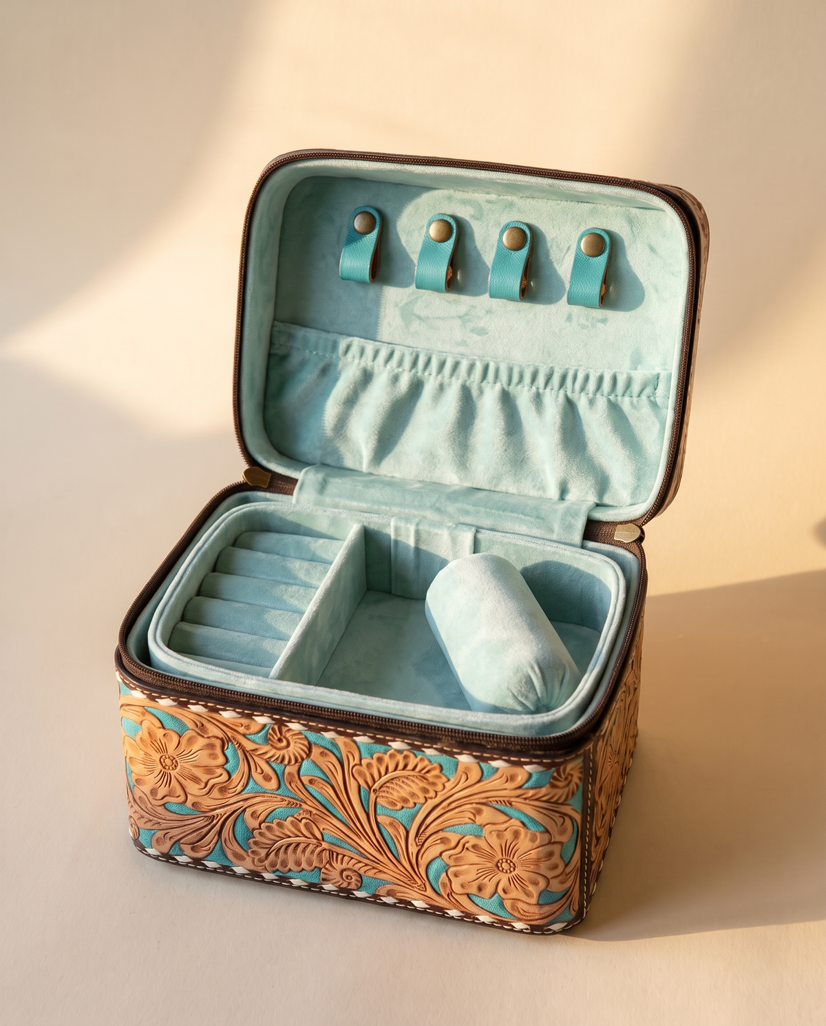 Turquoise hand-tooled leather vanity case with cowhide sides, open interior view, by Ya Qalbi