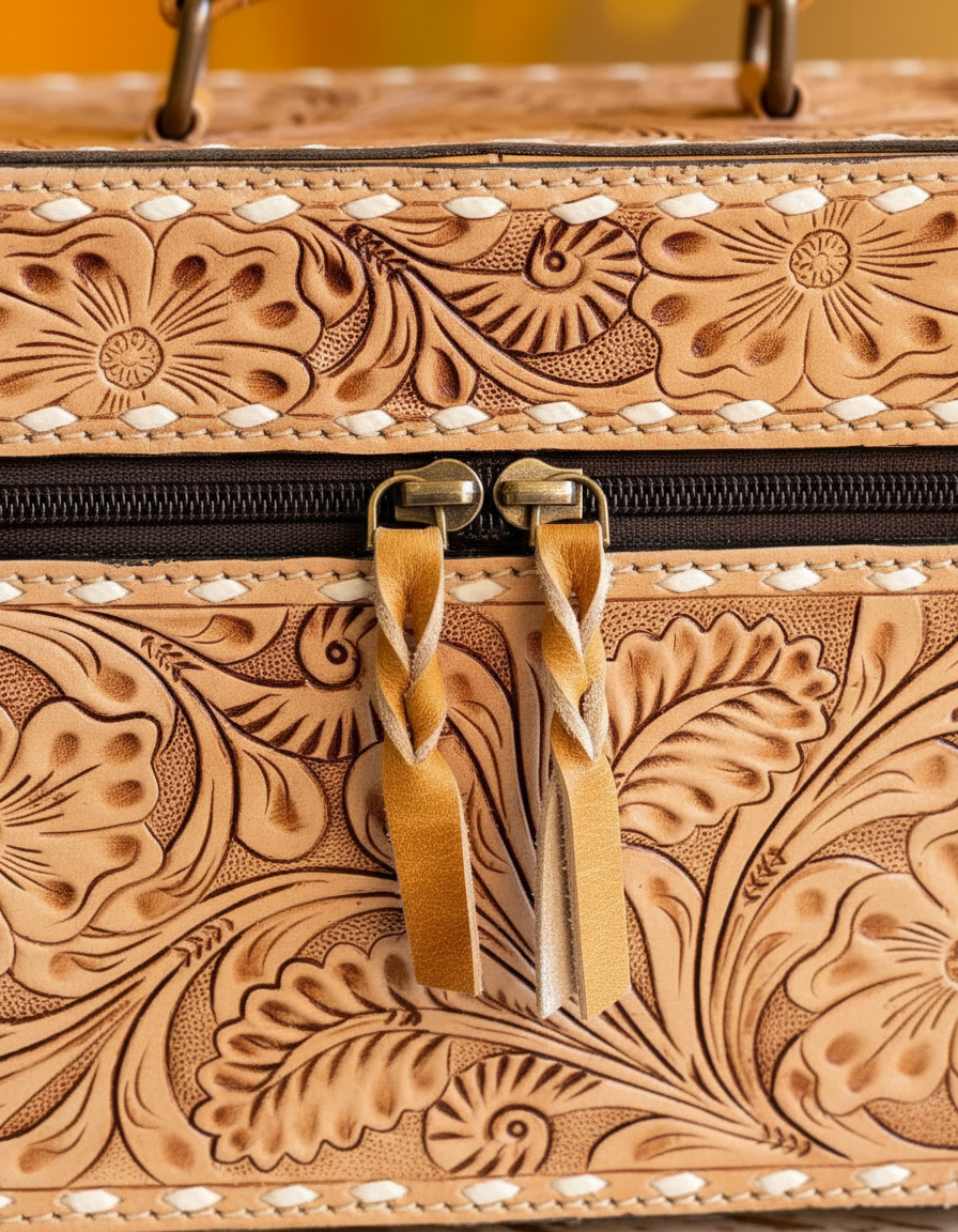 Tan hand-tooled leather vanity case with cowhide sides, detail close-up, by Ya Qalbi