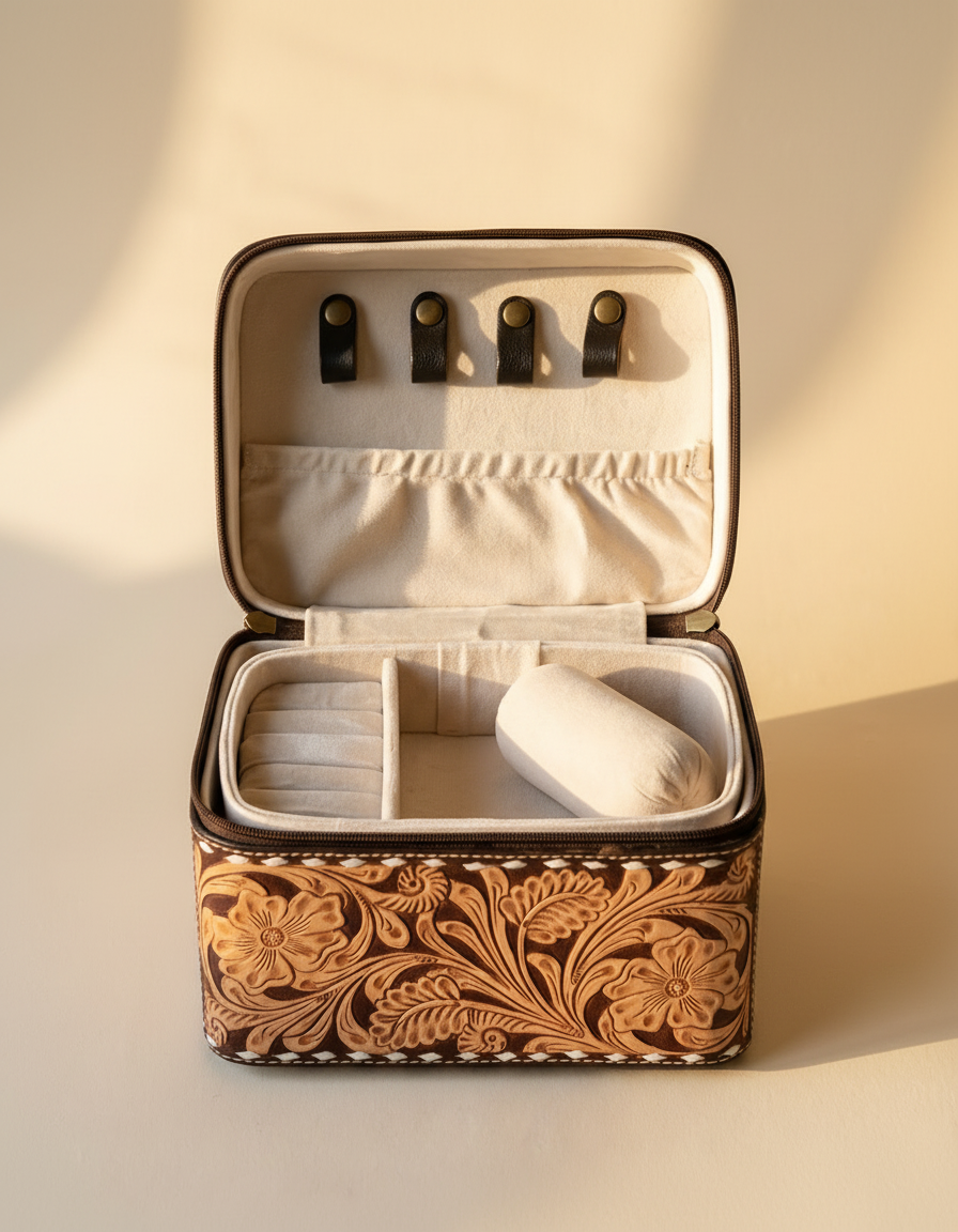 Black hand-tooled leather vanity case with cowhide sides, open interior view, by Ya Qalbi