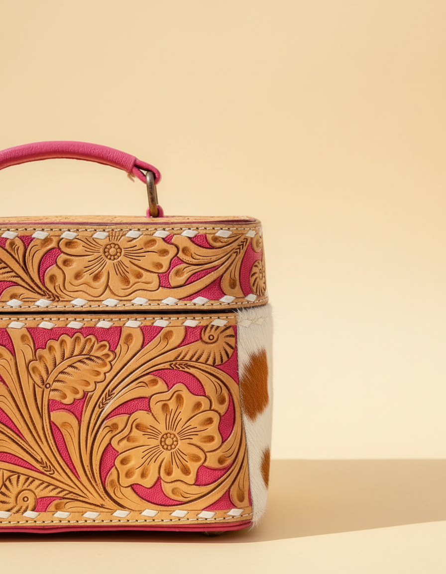 Pink hand-tooled leather vanity case with cowhide sides, detail close-up, by Ya Qalbi
