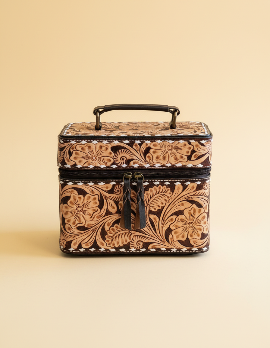 Black hand-tooled leather vanity case with cowhide sides, front view, by Ya Qalbi