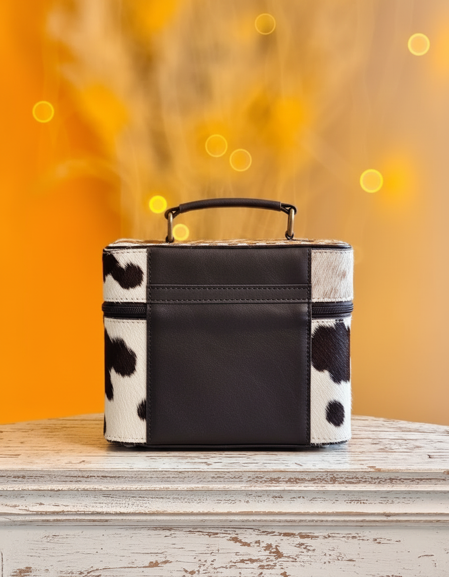 Black hand-tooled leather vanity case with cowhide sides, detail close-up, by Ya Qalbi