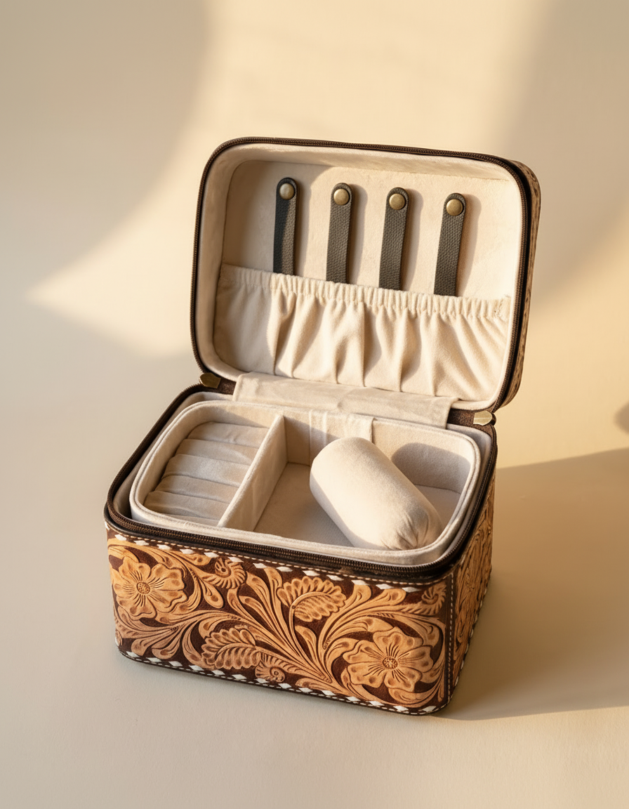 Black hand-tooled leather vanity case with cowhide sides, open interior view, by Ya Qalbi