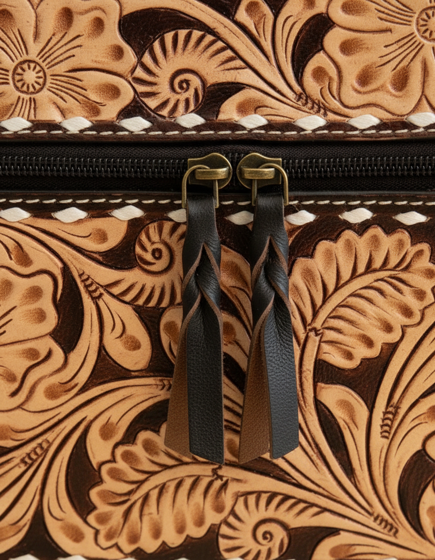 Black hand-tooled leather vanity case with cowhide sides, detail close-up, by Ya Qalbi