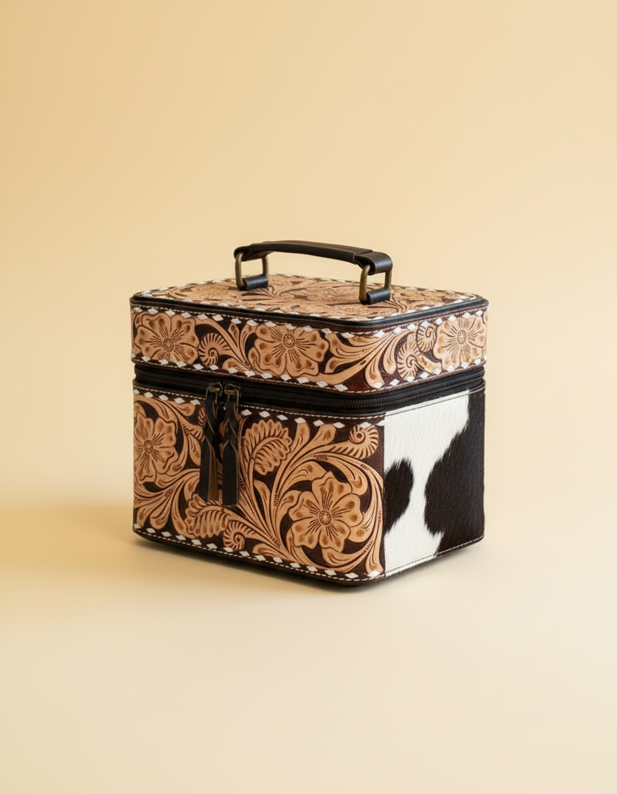 Black hand-tooled leather vanity case with cowhide sides, angled view, by Ya Qalbi