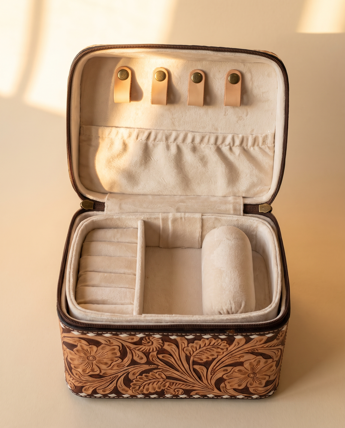 Tan hand-tooled leather vanity case with cowhide sides, open interior view, by Ya Qalbi