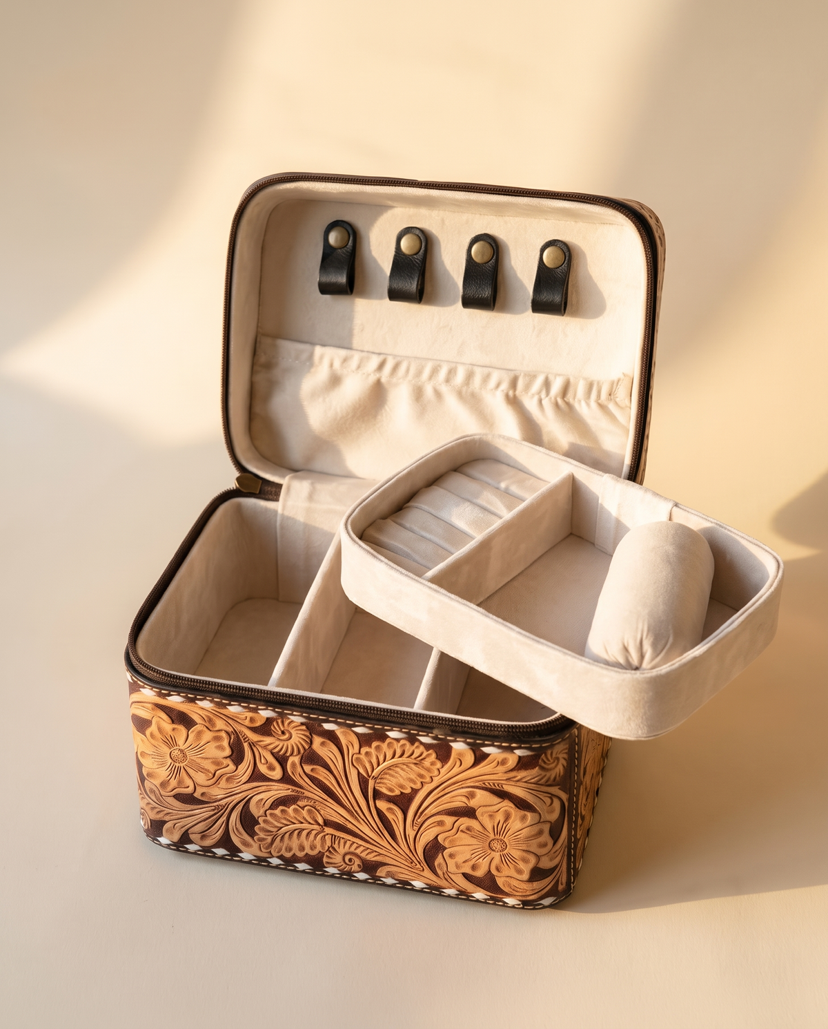 Black hand-tooled leather vanity case with cowhide sides, open interior view, by Ya Qalbi