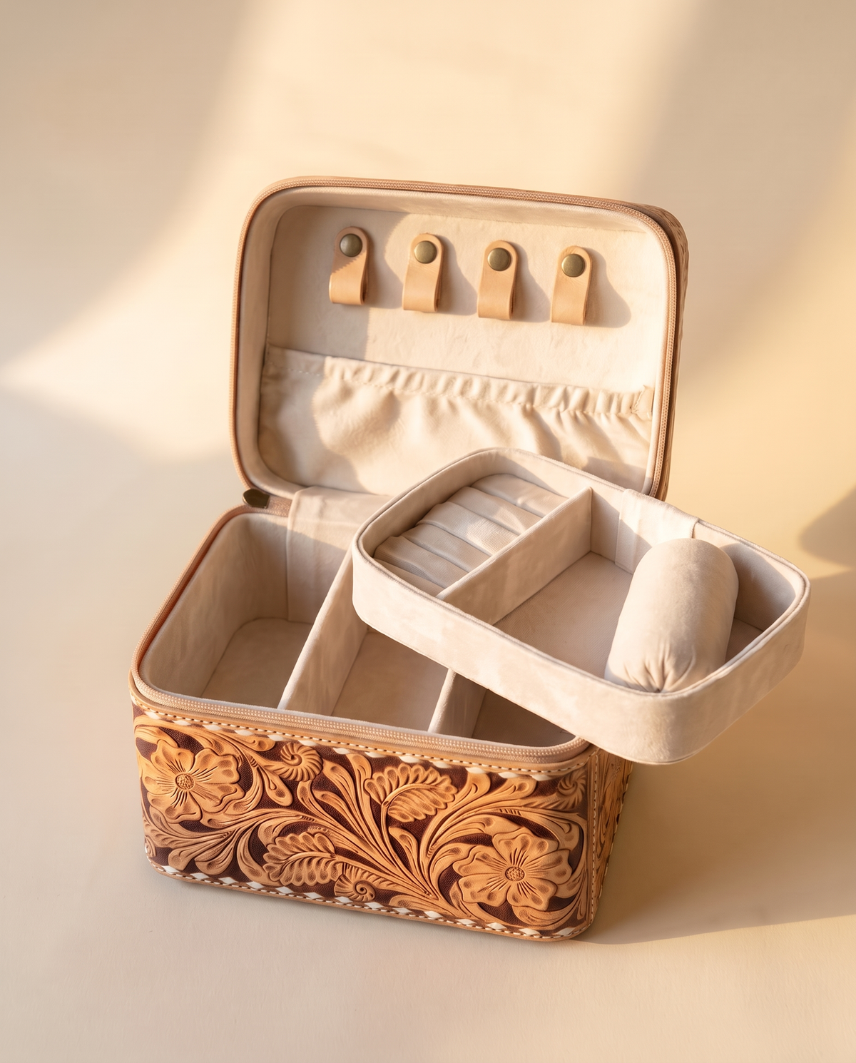 Tan hand-tooled leather vanity case with cowhide sides, open interior view, by Ya Qalbi
