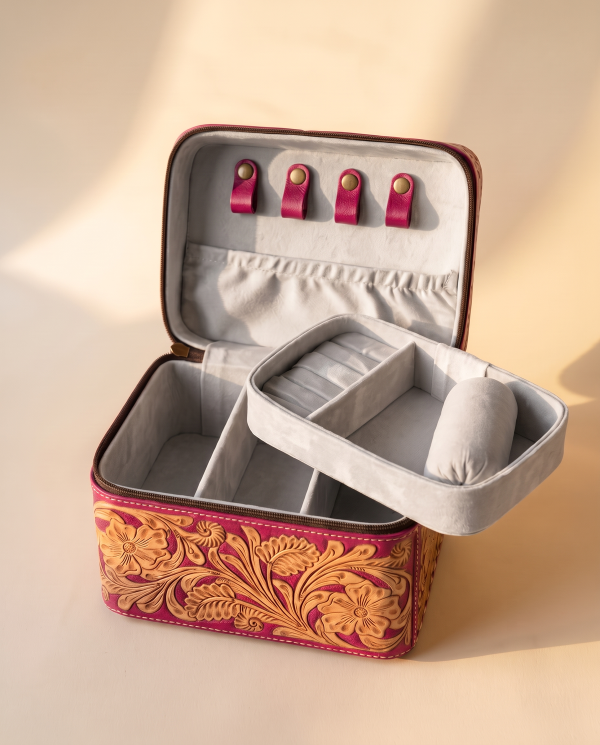 Pink hand-tooled leather vanity case with cowhide sides, open interior view, by Ya Qalbi