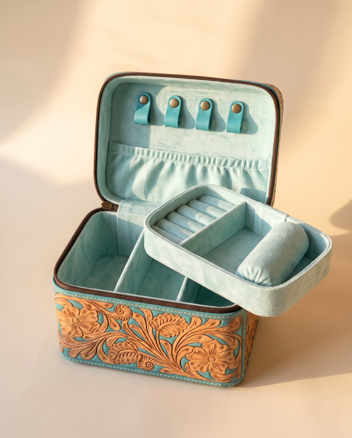 Turquoise hand-tooled leather vanity case with cowhide sides, open interior view, by Ya Qalbi