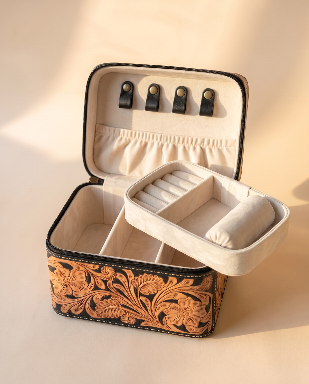 Brown hand-tooled leather vanity case with cowhide sides, open interior view, by Ya Qalbi