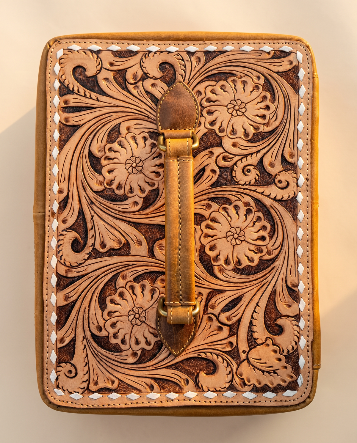 Two-tier cowhide jewellery case with hand-tooled lid, detail close-up, by Ya Qalbi